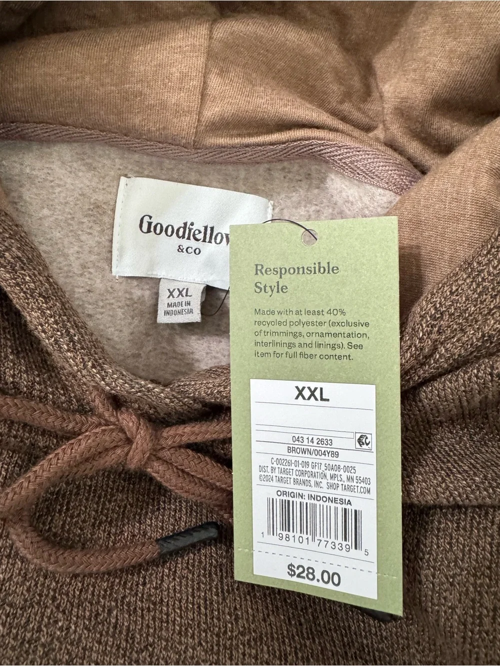 Goodfellow & Co Sz XXL Brown Crewneck Hooded Sweater NWT